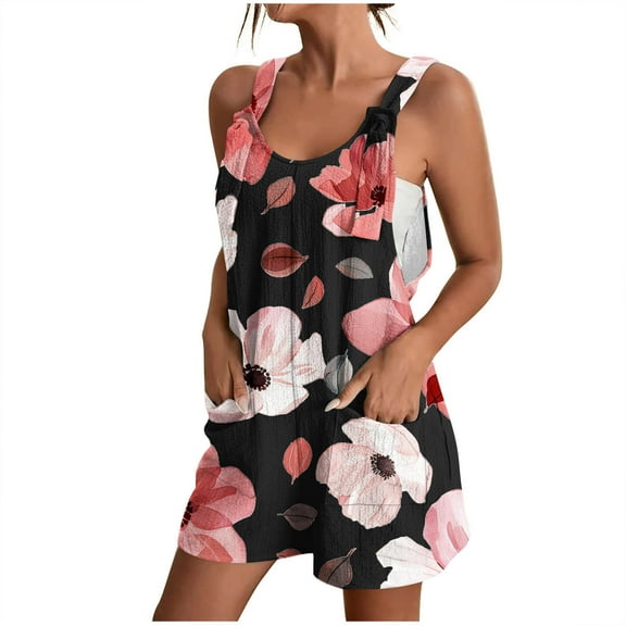 Lovskoo Summer Short Rompers for Women 2024 Casual Loose Floral Sleeveless Tie Knot Strap Jumpsuits Wide Leg Overalls with Pockets Black 3XL