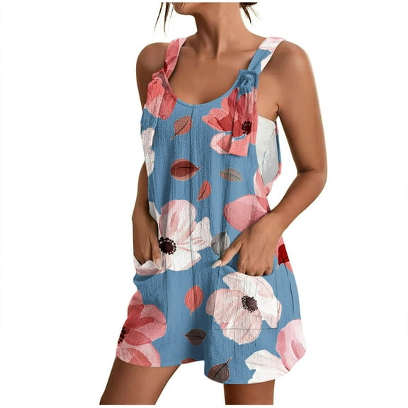 Lovskoo Summer Short Rompers for Women 2024 Casual Loose Floral Sleeveless Tie Knot Strap Jumpsuits Wide Leg Overalls with Pockets Blue S