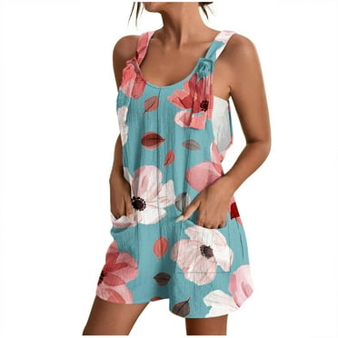Lovskoo Summer Short Rompers for Women 2024 Casual Loose Floral Sleeveless Tie Knot Strap Jumpsuits Wide Leg Overalls with Pockets Green L