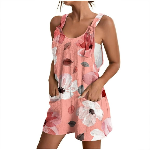 Lovskoo Summer Short Rompers for Women 2024 Casual Loose Floral Sleeveless Tie Knot Strap Jumpsuits Wide Leg Overalls with Pockets Pink L