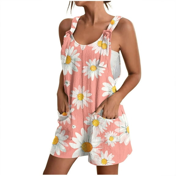 Lovskoo Summer Short Rompers for Women 2024 Casual Loose Sleeveless Floral Tie Knot Strap Jumpsuits Wide Leg Overalls with Pockets Pink S