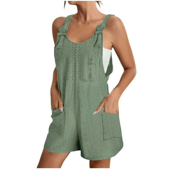 Lovskoo Summer Short Rompers for Women 2024 Casual Loose Sleeveless Tie Knot Strap Jumpsuits Wide Leg Overalls with Pockets Green L