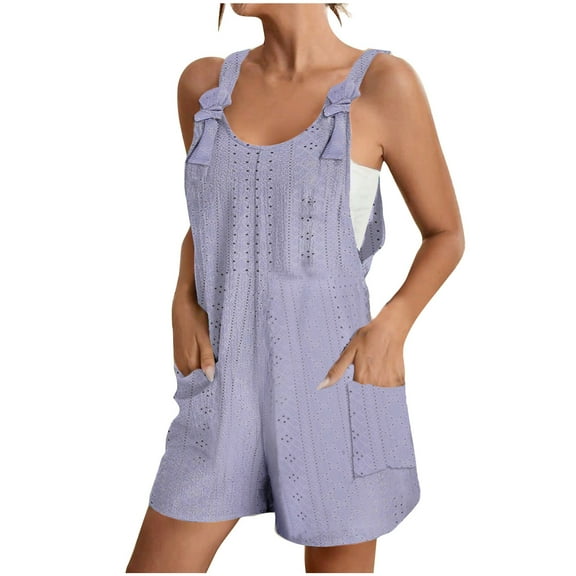 Lovskoo Summer Short Rompers for Women 2024 Casual Loose Sleeveless Tie Knot Strap Jumpsuits Wide Leg Overalls with Pockets Purple XL