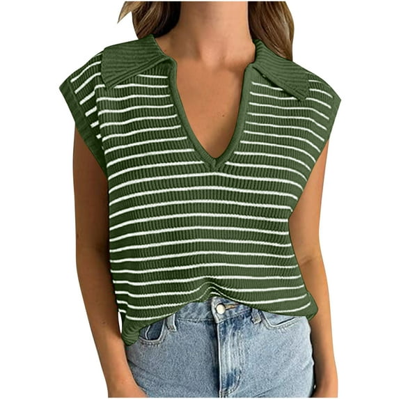 Lovskoo Summer Sweaters for Women 2024 V Neck Striped Cap Sleeve Tank Tops Sleeveless Spring Clothes Sweater Vest Green S