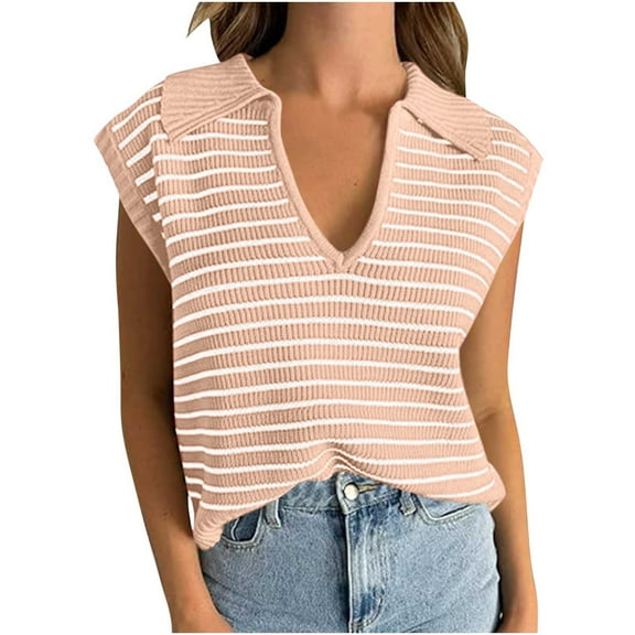 Lovskoo Summer Sweaters for Women 2024 V Neck Striped Cap Sleeve Tank Tops Sleeveless Spring Clothes Sweater Vest Pink M
