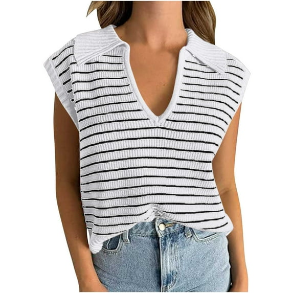 Lovskoo Summer Sweaters for Women 2024 V Neck Striped Cap Sleeve Tank Tops Sleeveless Spring Clothes Sweater Vest White L