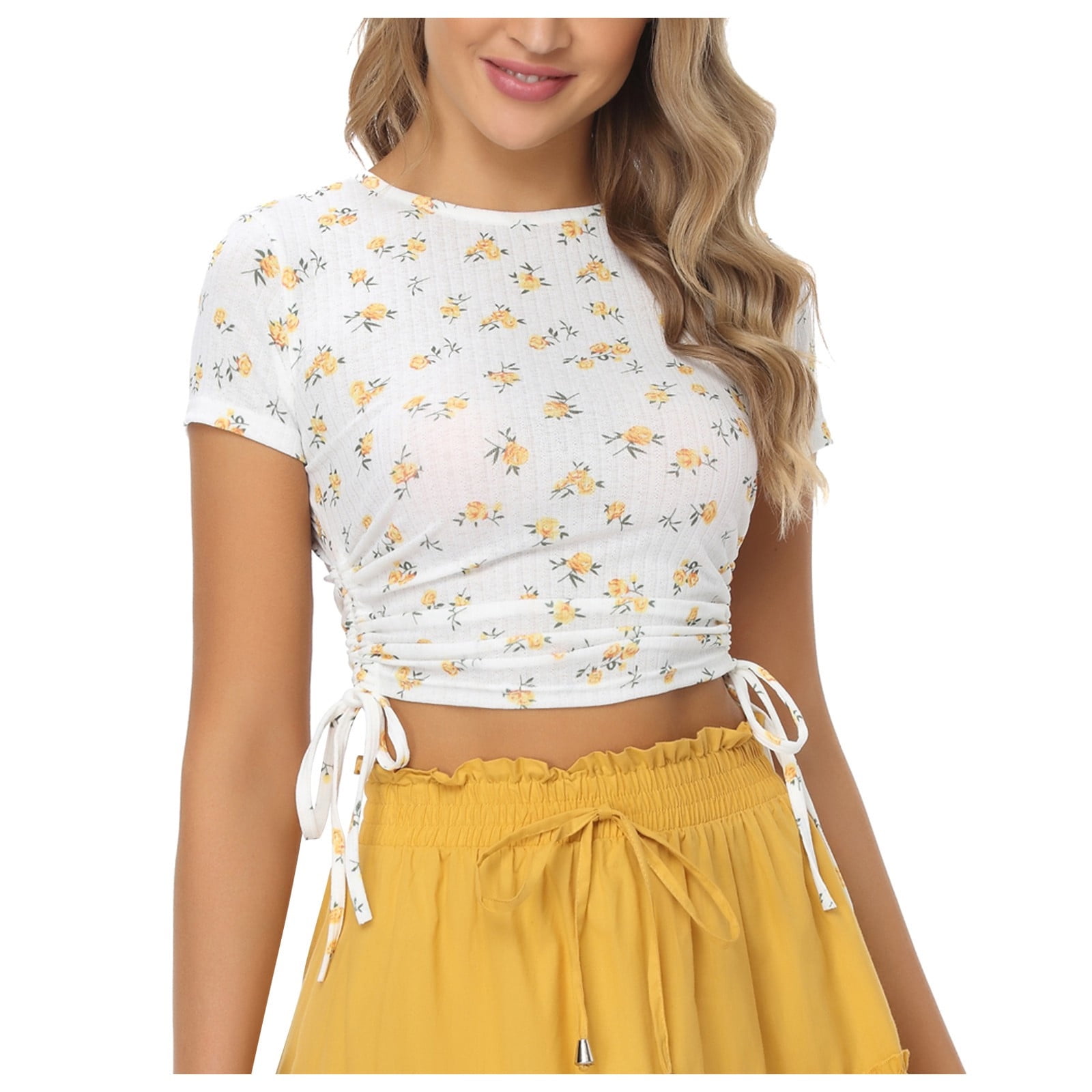 Lovskoo Summer Tops Crop Tops for Women Trendy Cute Shirt Large Short  Sleeve Shirts Striped Pocket Loose Casual Shirt Button Top Yellow