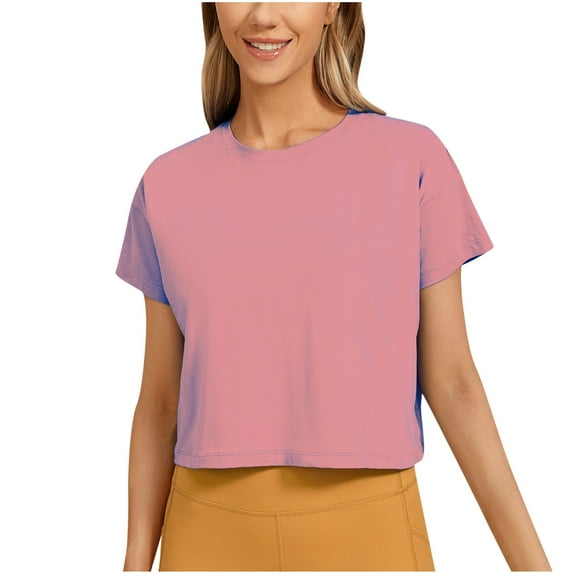 Lovskoo Summer Tops Crop Tops for Women Trendy Cute Shirt Solid Color Basic CrewNeck Short Sleeve Shirts Casual Top PulHeartr T-Shirt Pink