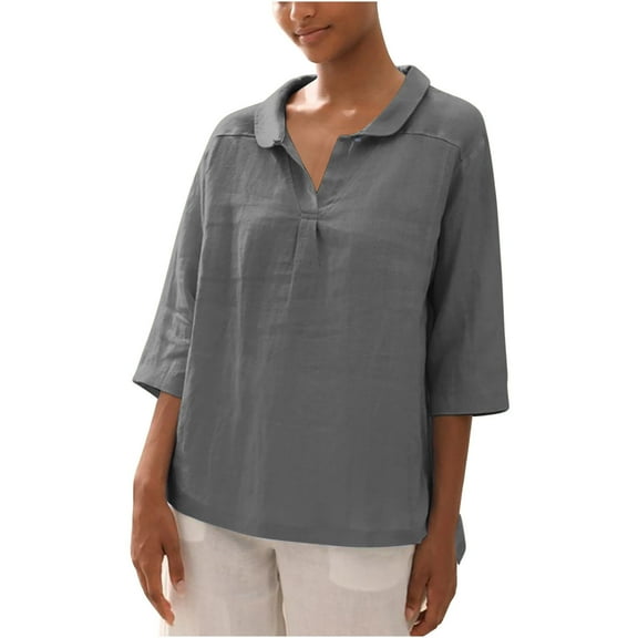 Lovskoo Summer Tops for Women 2024 Button Down Collared 3/4 Sleeve Solid Color Loose Button Blouse Casual Work Tunic Tops Dark Gray