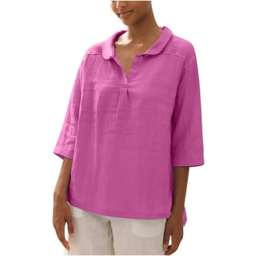 Lovskoo Summer Tops for Women 2024 Button Down Collared 3/4 Sleeve Solid Color Loose Button Blouse Casual Work Tunic Tops Hot Pink