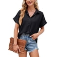 thumbnail image 1 of Lovskoo Summer Tops for Women 2024 Button Down Collared Short Sleeve Shirt Solid Color Loose Top Shirt Black, 1 of 6
