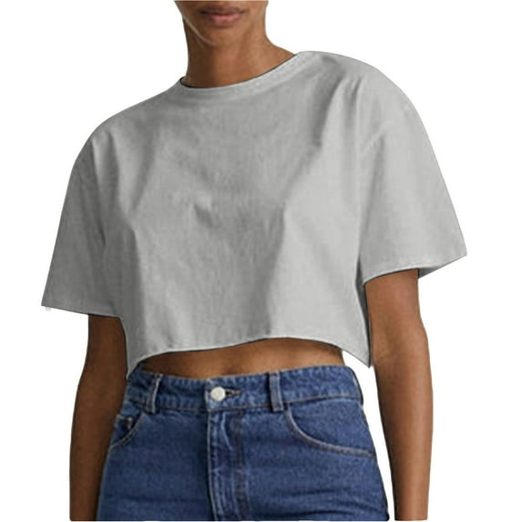 Lovskoo Summer Tops for Women 2024 Crop Tops for Women Round Neck Short Sleeve Casual Solid Color Sports T Shirt Top Gray