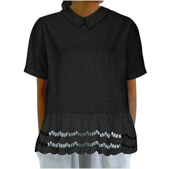 Lovskoo Summer Tops for Women 2024 Doll Collar Short Sleeve Doll Collar Solid Color Lace Tops Shirts Blouse Black