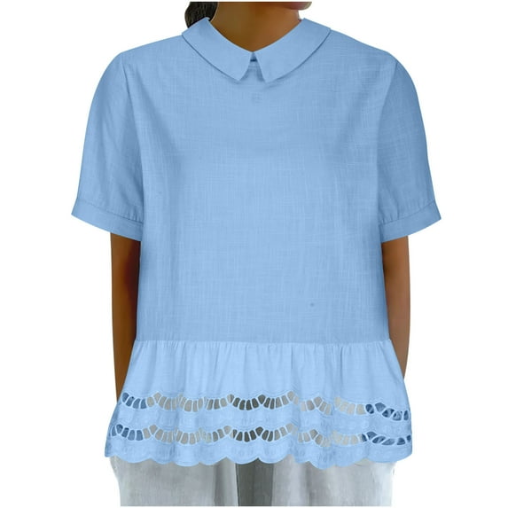 Lovskoo Summer Tops for Women 2024 Doll Collar Short Sleeve Doll Collar Solid Color Lace Tops Shirts Blouse Blue