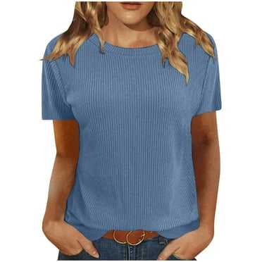 Lovskoo Summer Tops for Women 2024 Dressy Short Sleeve Basic Slim Tops Crewneck Ribbed Knit T Shirt Cute Tops Blue L
