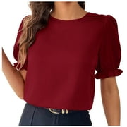 Lovskoo Summer Tops for Women Puff Short Sleeve Solid Color Round Neck Dressy Shirts Loose Blouse Claret M