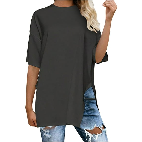 Lovskoo Summer Tops for Women 2024 Round Neck Short Sleeve Casual Loose Solid Color Hem Split Top Shirt Black