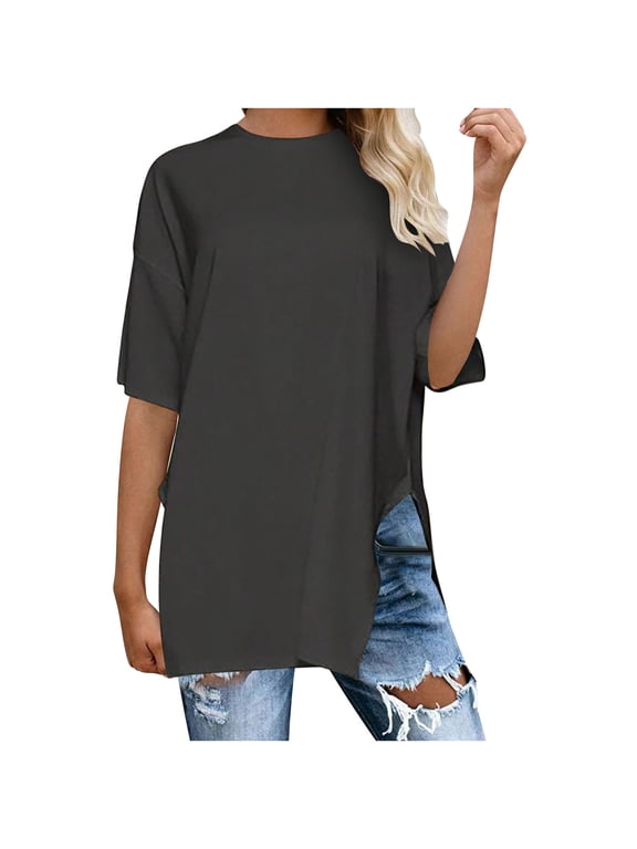 Summer Tops for Women Round Neck Short Sleeve Casual Loose Solid Color Hem Split Top Shirt Black