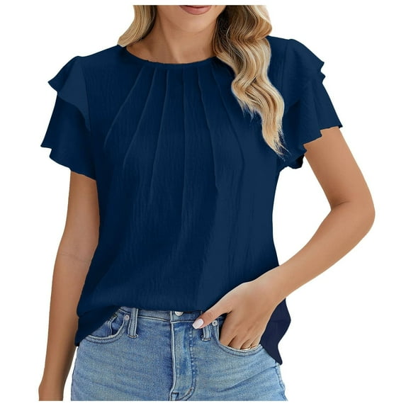 Lovskoo Summer Tops for Women 2024 Round Neck Short Sleeve Casual Solid Color Short T Shirt Pleated Tops Dark Blue