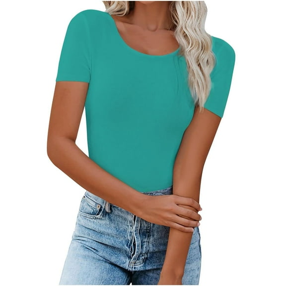 Lovskoo Summer Tops for Women 2024 Round Neck Short Sleeve Casual Solid Color Top Mint Green