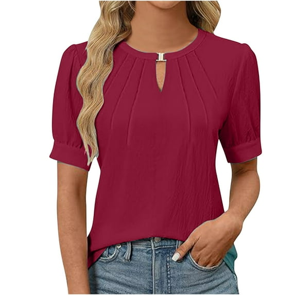 Lovskoo Summer Tops for Women 2024 Round Neck Short Sleeve Casual Tops Keyhole Blouses Pleated Puff Sleeve Solid Color Top Burgundy