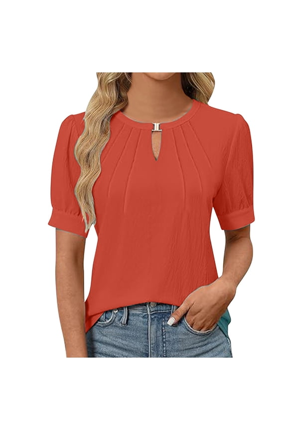 Summer Tops for Women 2024 Round Neck Short Sleeve Casual Tops Keyhole Blouses Pleated Puff Sleeve Solid Color Top Orange