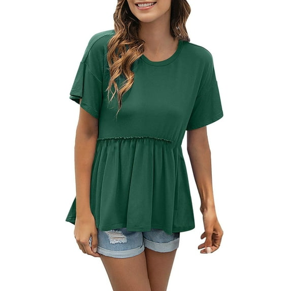 Lovskoo Summer Tops for Women 2024 Round Neck Short Sleeve Loose Trendy Solid Color Top Shirt Green
