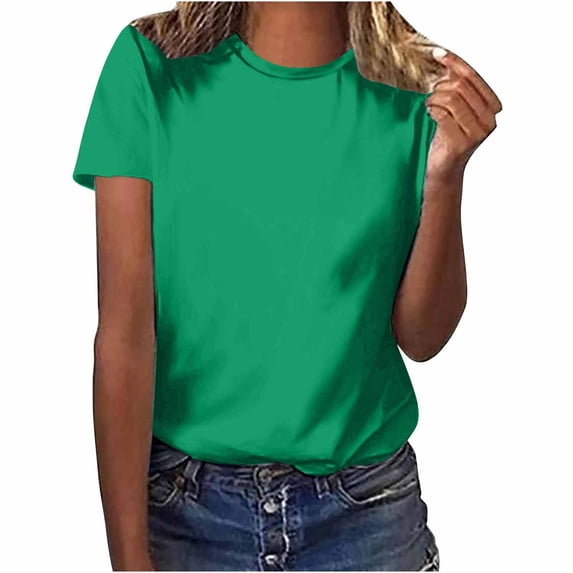 Lovskoo Summer Tops for Women 2024 Round Neck Short Sleeve Solid Color Casual Loose Tops Tops Shirt Green