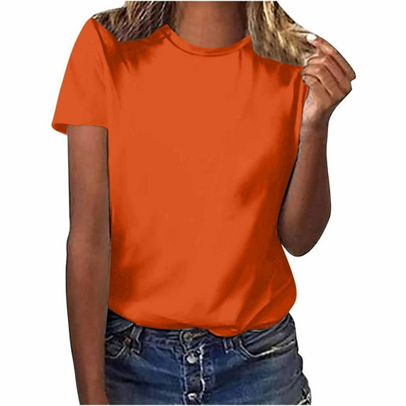 Lovskoo Summer Tops for Women 2024 Round Neck Short Sleeve Solid Color Casual Loose Tops Tops Shirt Orange