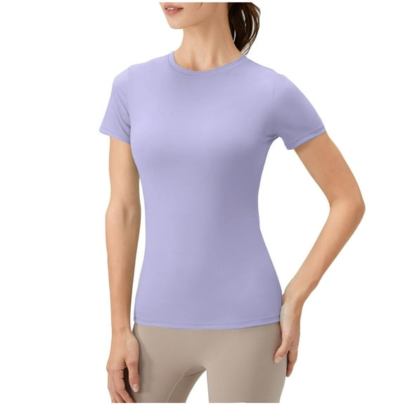 Lovskoo Summer Tops for Women 2024 Round Neck Short Sleeve Solid Color Exercises Breathable Running Yoga Sports Blouse Purple