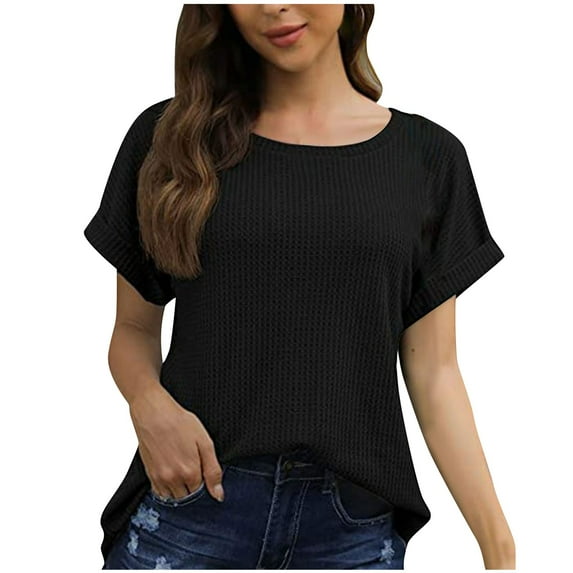 Lovskoo Summer Tops for Women 2024 Round Neck Short Sleeve Solid Color Spring Trendy Casual Loose Top Black