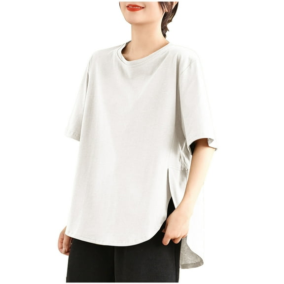 Lovskoo Summer Tops for Women 2024 Round Neck Short Sleeve Spring Casual Blouse Loose Solid Color Tops White