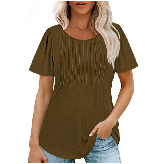 Lovskoo Summer Tops for Women 2024 Round Neck Short Sleeve Trendy Casual Loose Solid Color Top Brown