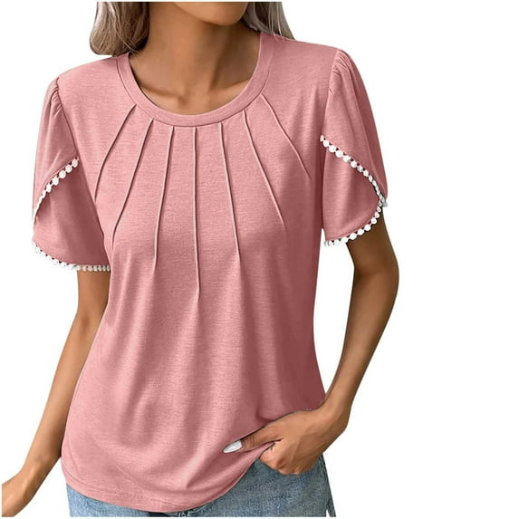 Lovskoo Summer Tops for Women 2024 Round Neck Short Sleeve Trendy Leisure Solid Color Tops Red