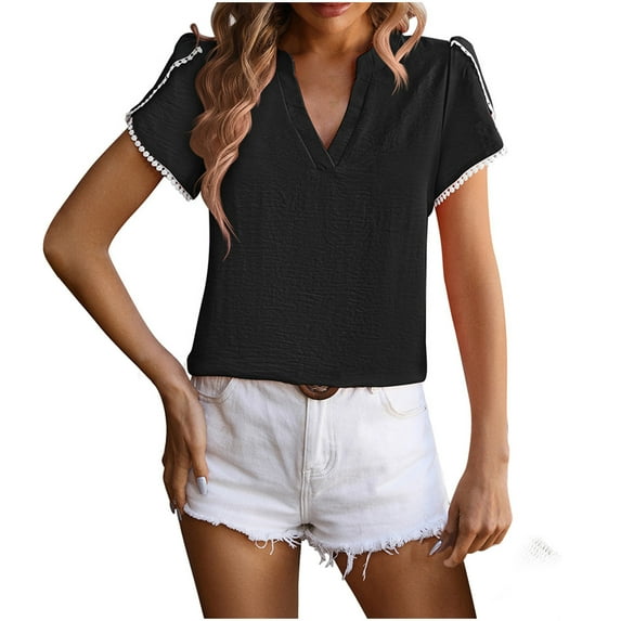 Lovskoo Summer Tops for Women 2024 Ruffle Short Sleeve Solid Color Trendy Comfortable Breathable V-Neck Blouses Shirt Tops Black L