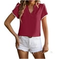 thumbnail image 1 of Lovskoo Summer Tops for Women 2024 Ruffle Short Sleeve Solid Color Trendy Comfortable Breathable V-Neck Blouses Shirt Tops Claret 2XL, 1 of 7