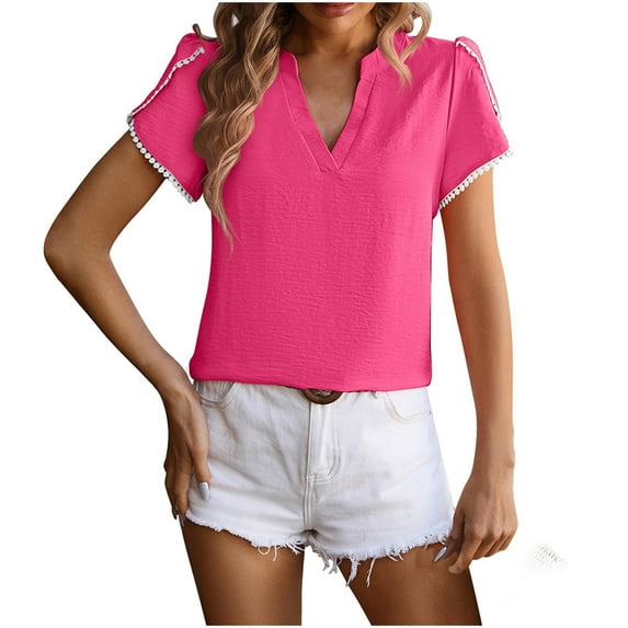 Lovskoo Summer Tops for Women 2024 Ruffle Short Sleeve Solid Color Trendy Comfortable Breathable V-Neck Blouses Shirt Tops Hot Pink M