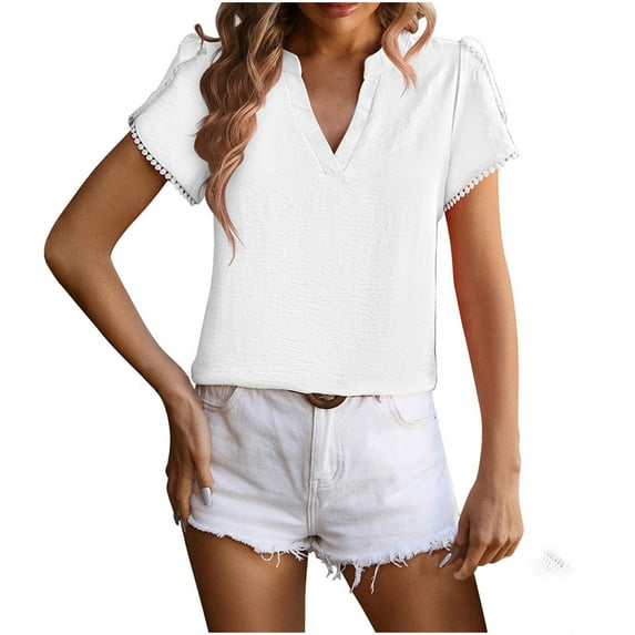 Lovskoo Summer Tops for Women 2024 Ruffle Short Sleeve Solid Color Trendy Comfortable Breathable V-Neck Blouses Shirt Tops White