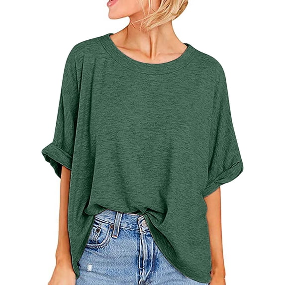 Lovskoo Summer Tops for Women Short Sleeve Oversize Casual Loose Solid Color Round Neck T-Shirt Top Green M