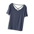 thumbnail image 1 of Lovskoo Summer Tops for Women Short Sleeve Solid Round Neck Strap Crisscross Backless Basic Shirts Blue XL, 1 of 5
