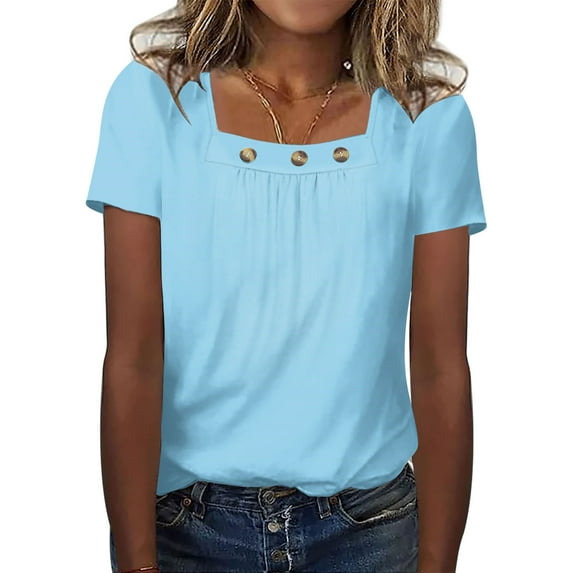 Lovskoo Summer Tops for Women 2024 Square Neck Short Sleeve Trendy Casual Solid Color Button Tops Blouse Shirts Blue