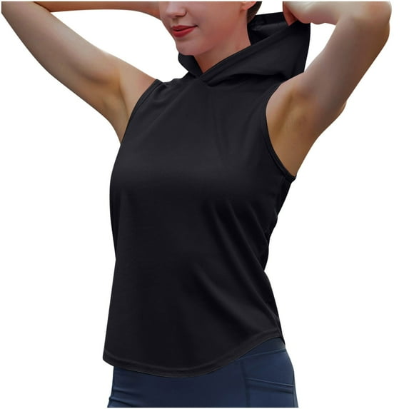 Lovskoo Summer Tops for Women 2024 Tank Tops Hooded Sleeveless Solid Color Sports Fitness Yoga Wear Sports Hooded Camisole Black