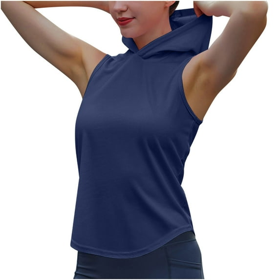 Lovskoo Summer Tops for Women 2024 Tank Tops Hooded Sleeveless Solid Color Sports Fitness Yoga Wear Sports Hooded Camisole Navy