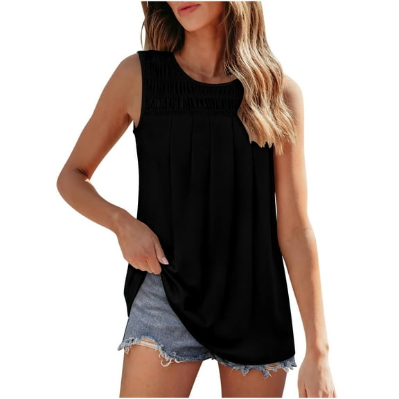 Lovskoo Summer Tops for Women 2024 Tank Tops Round Neck Sleeveless Casual Solid Color T Shirt Pleated Tank Blouse Tops Black