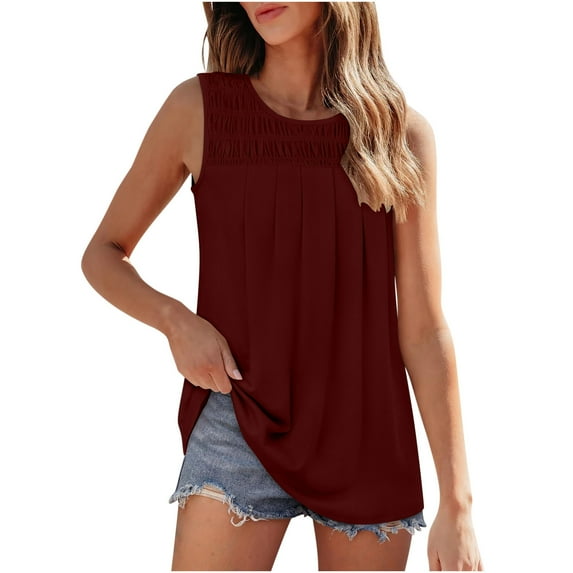 Lovskoo Summer Tops for Women 2024 Tank Tops Round Neck Sleeveless Casual Solid Color T Shirt Pleated Tank Blouse Tops Burgundy