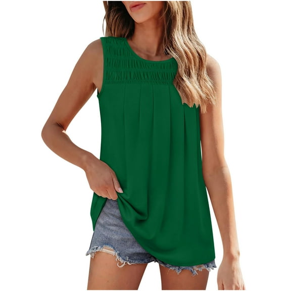 Lovskoo Summer Tops for Women 2024 Tank Tops Round Neck Sleeveless Casual Solid Color T Shirt Pleated Tank Blouse Tops Green