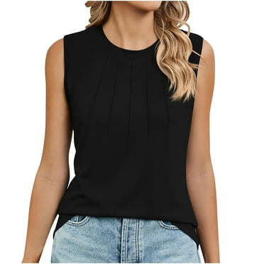 Lovskoo Summer Tops for Women 2024 Tank Tops Round Neck Sleeveless Solid Color Tank Top Pleated T Shirt Black