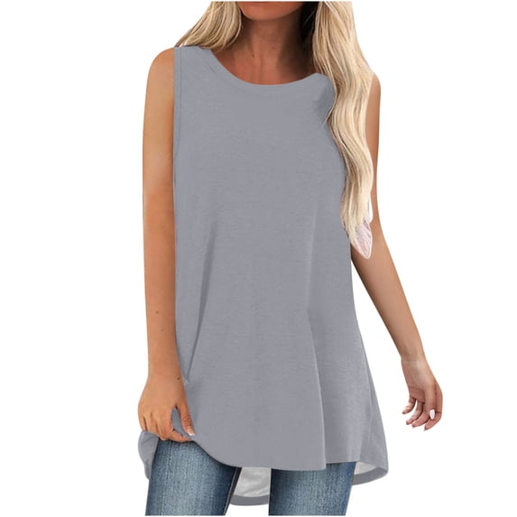 Lovskoo Summer Tops for Women 2024 Tank Tops Round Neck Sleeveless Tank Solid Color Casual Tunic Tops Blouse Gray