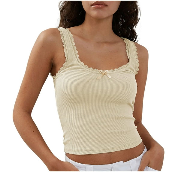 Lovskoo Summer Tops for Women 2024 Tank Tops Spaghetti Strap Sleeveless Solid Color Trendy Comfortable Breathable Blouses Tops Beige