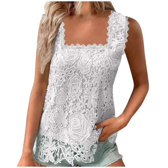 Lovskoo Summer Tops for Women 2024 Tank Tops Square Neck Sleeveless Loose Embroidered Lace Casual Solid Color Dressy Top Shirt White